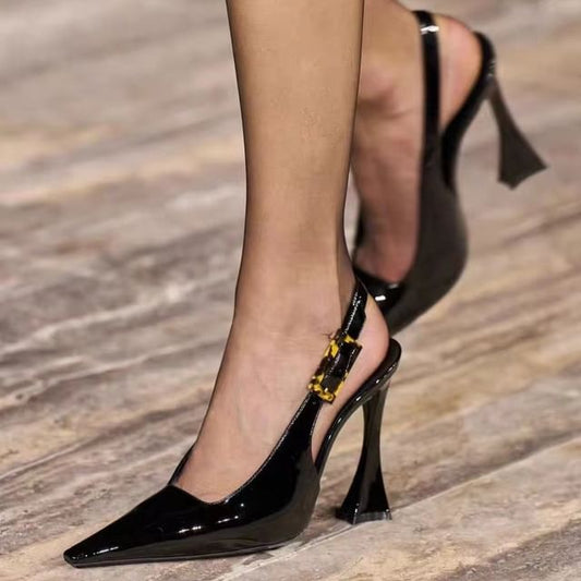 Patent Pointed Slingback Sandals Block Heel