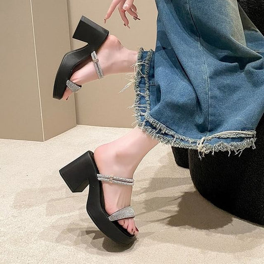 Square Toe Rhinestone Strap Sandals Chunky Heel