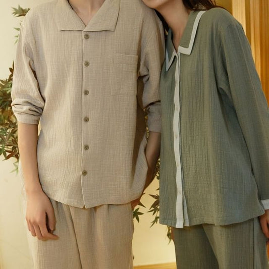 Couple Matching Pajama Set: Pocket Detail Shirt + Pants (Various Designs)