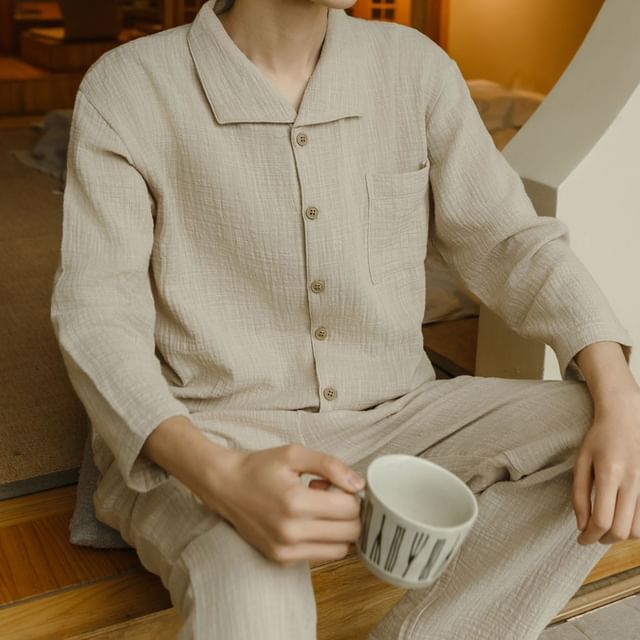 Couple Matching Pajama Set: Pocket Detail Shirt + Pants (Various Designs)