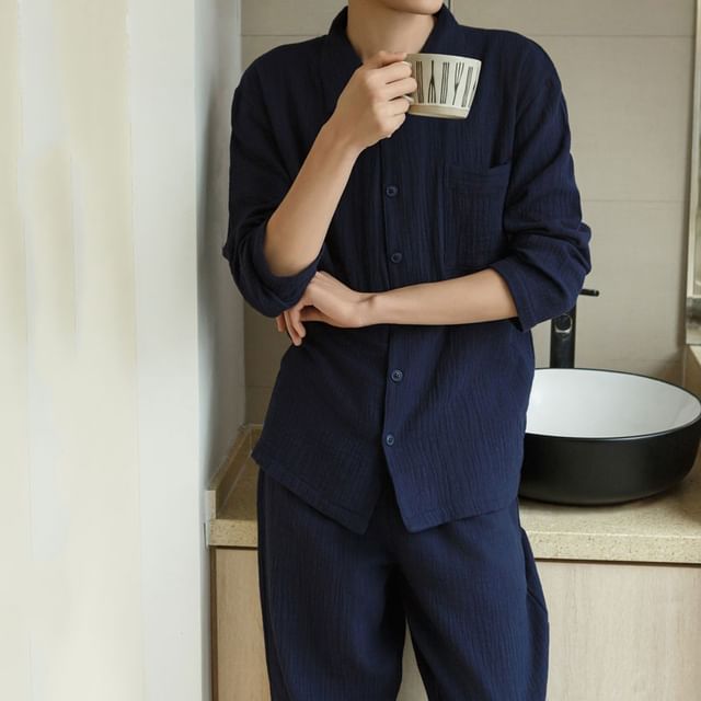 Couple Matching Pajama Set: Pocket Detail Shirt + Pants (Various Designs)