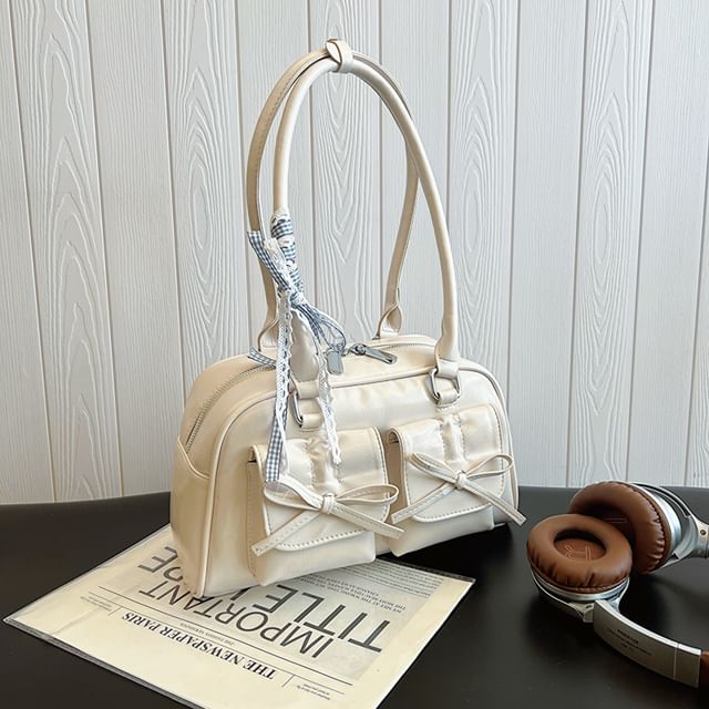 Plain Bow Accent Faux Leather Bowler Bag / Ribbon / Set