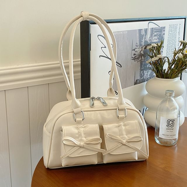 Plain Bow Accent Faux Leather Bowler Bag / Ribbon / Set