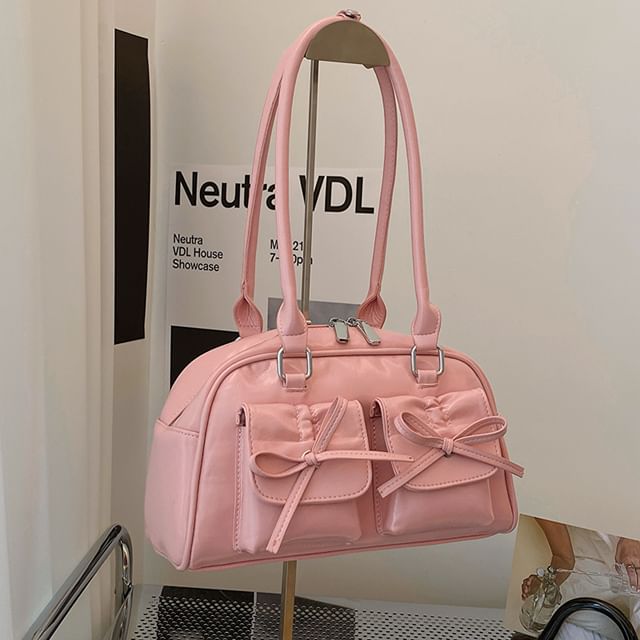 Plain Bow Accent Faux Leather Bowler Bag / Ribbon / Set