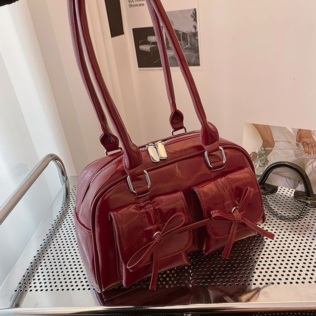 Plain Bow Accent Faux Leather Bowler Bag / Ribbon / Set