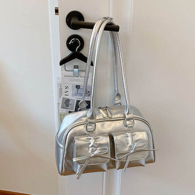 Plain Bow Accent Faux Leather Bowler Bag / Ribbon / Set