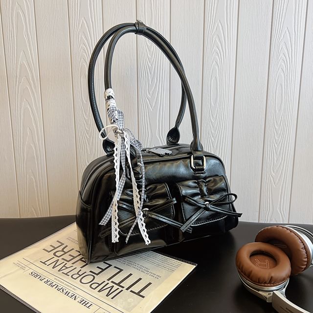 Plain Bow Accent Faux Leather Bowler Bag / Ribbon / Set