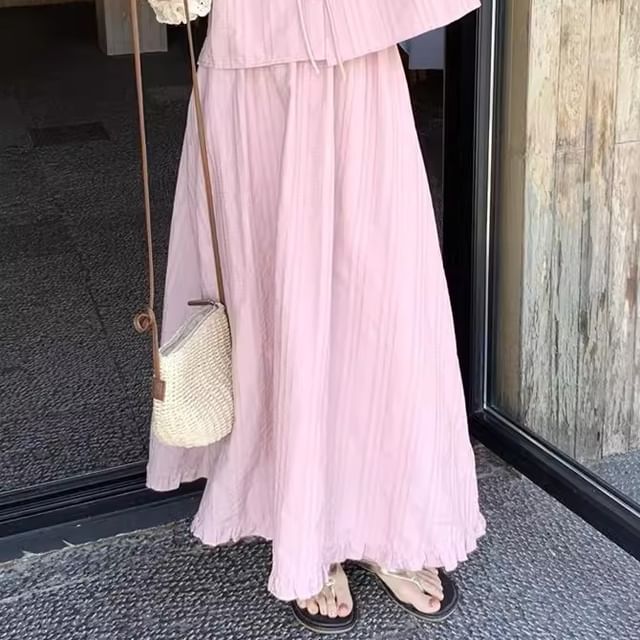 Chic Ruched V-Neck Crop Top with Flared Midi Skirt Set
