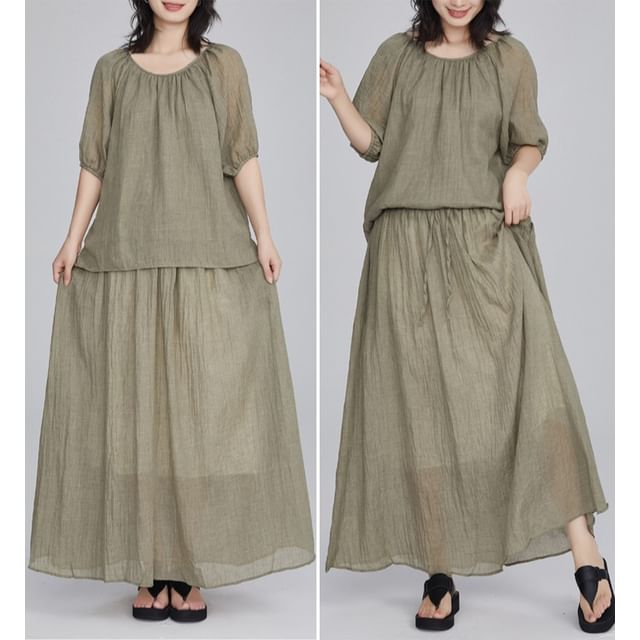 Puff Sleeve Blouse and Flowing Maxi Skirt Two-Piece Set