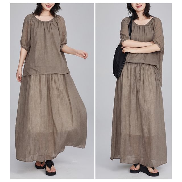 Puff Sleeve Blouse and Flowing Maxi Skirt Two-Piece Set
