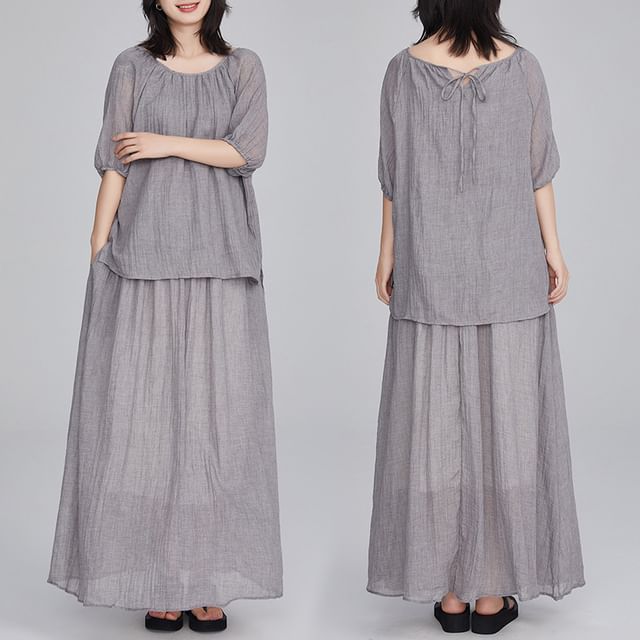 Puff Sleeve Blouse and Flowing Maxi Skirt Two-Piece Set