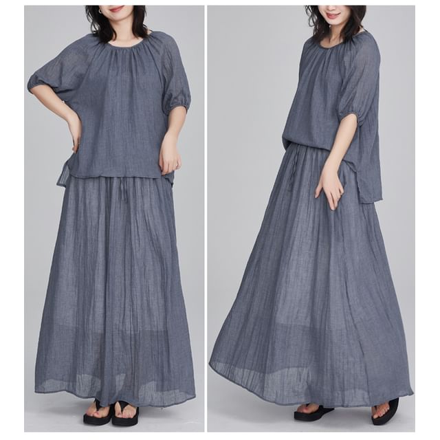 Puff Sleeve Blouse and Flowing Maxi Skirt Two-Piece Set