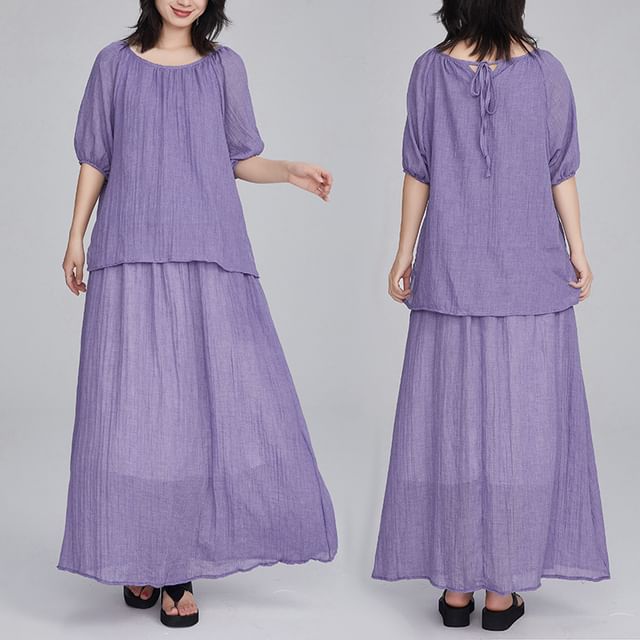 Puff Sleeve Blouse and Flowing Maxi Skirt Two-Piece Set