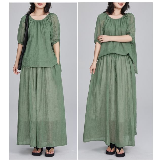 Puff Sleeve Blouse and Flowing Maxi Skirt Two-Piece Set