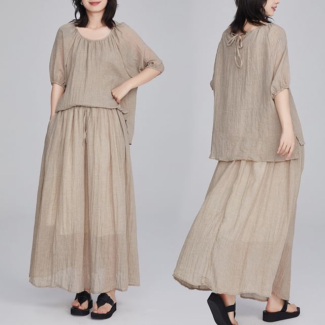 Puff Sleeve Blouse and Flowing Maxi Skirt Two-Piece Set
