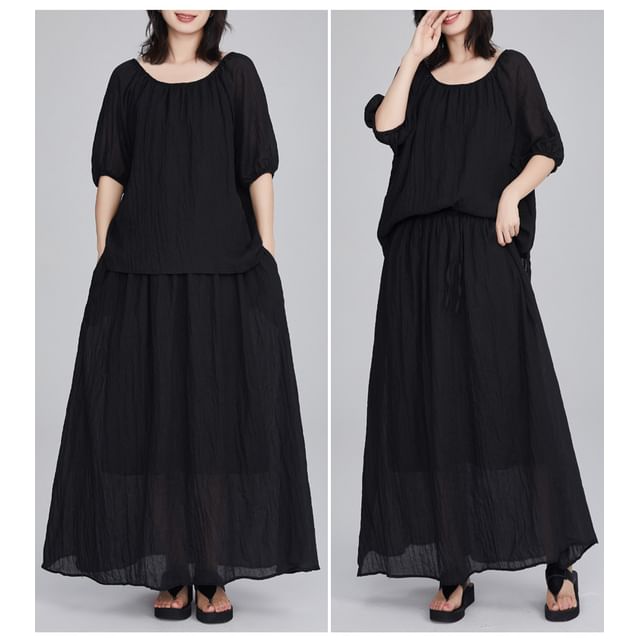 Puff Sleeve Blouse and Flowing Maxi Skirt Two-Piece Set