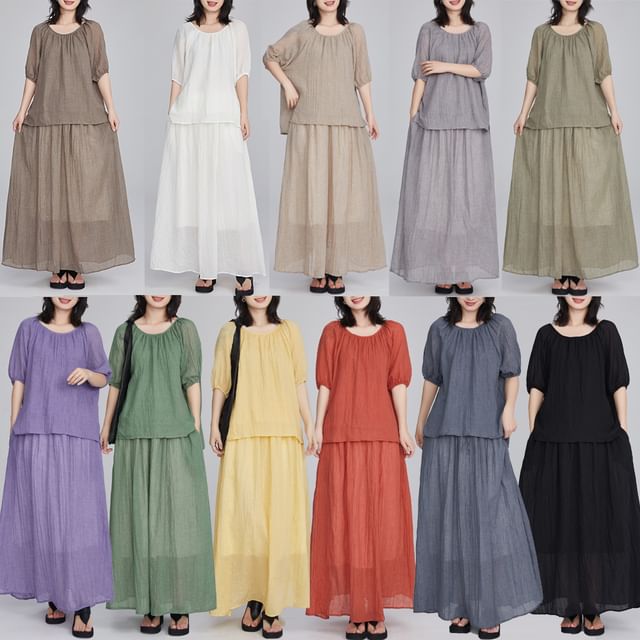 Puff Sleeve Blouse and Flowing Maxi Skirt Two-Piece Set