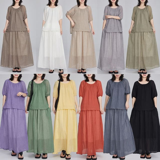 Puff Sleeve Blouse and Flowing Maxi Skirt Two-Piece Set