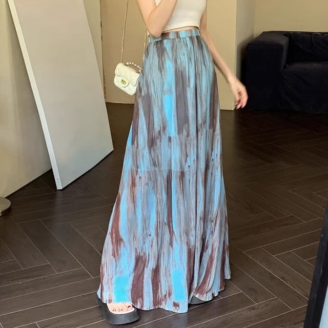 Tie Dye Maxi A-Line Skirt with Elastic Waistband