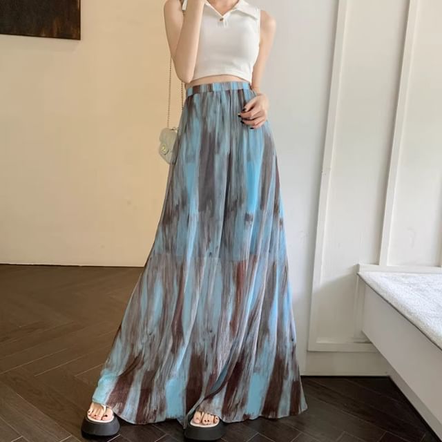 Tie Dye Maxi A-Line Skirt with Elastic Waistband