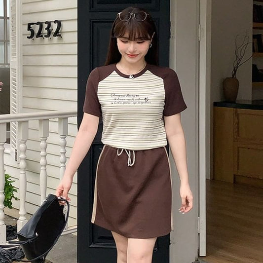 Striped Short Sleeve Tee Paired with High Waist Mini Skirt