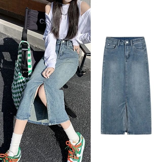 Distressed Denim Pencil Skirt with Side Slit and High Rise