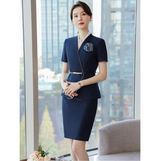 Sleeveless V-Neck Top with Peplum Blazer and Pencil Skirt Set