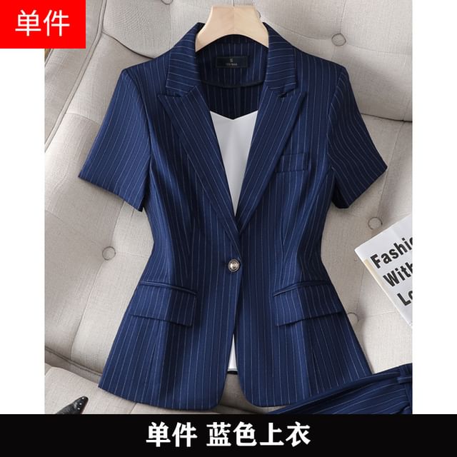 Striped Single-Button Blazer with Pencil Skirt and Trousers
