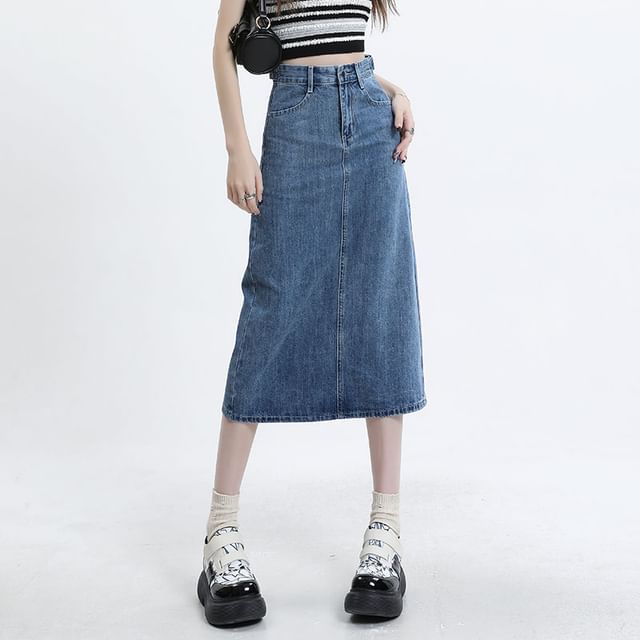 High Waist Denim Straight Skirt in Midi Length