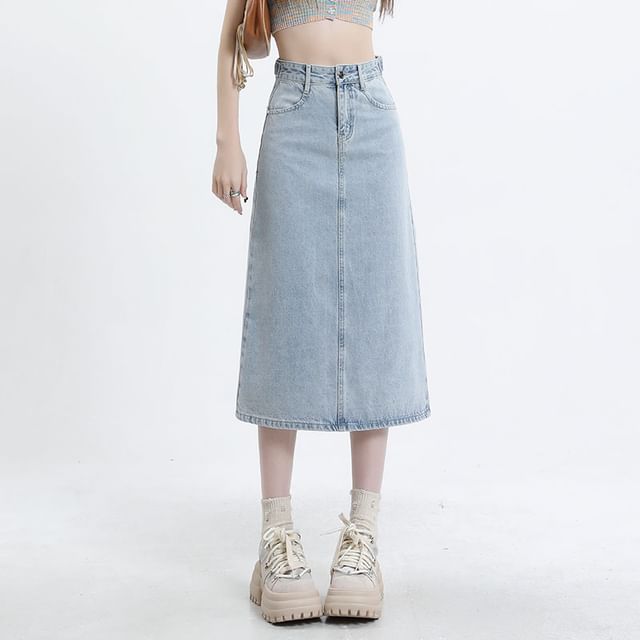High Waist Denim Straight Skirt in Midi Length