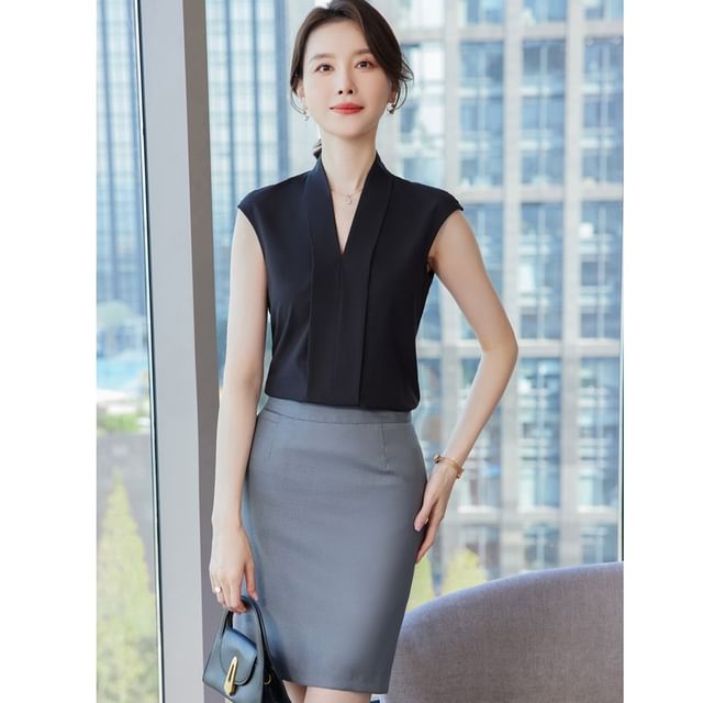 V-Neck Sleeveless Top with Pencil Skirt and Capri Trousers