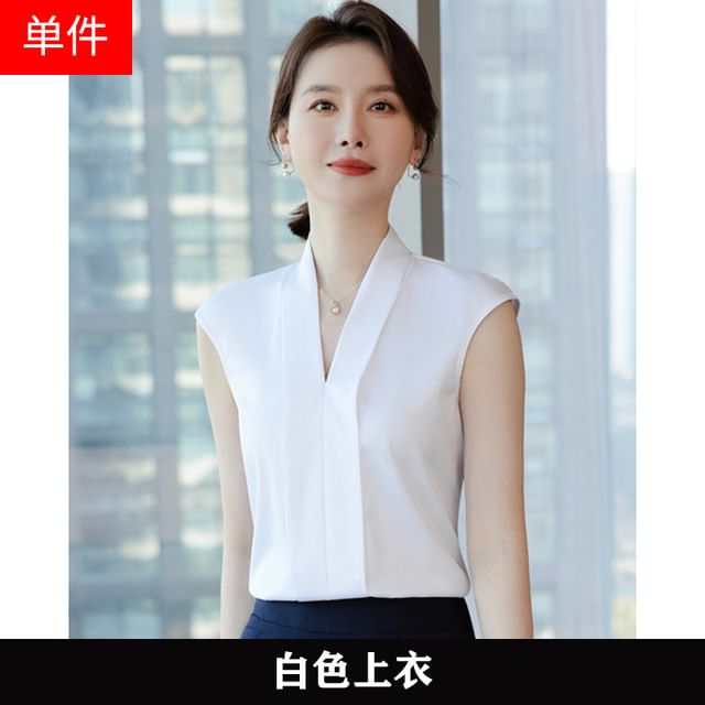 V-Neck Sleeveless Top with Pencil Skirt and Capri Trousers