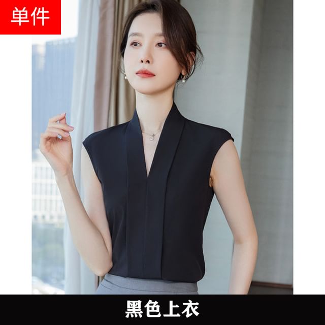 V-Neck Sleeveless Top with Pencil Skirt and Capri Trousers