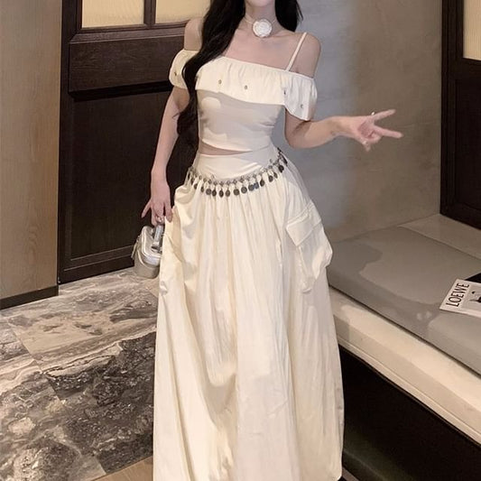 Cold Shoulder Crop Top with Rhinestones and Fringed Cargo Skirt