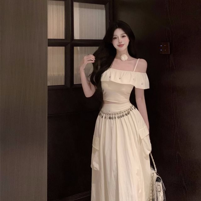 Cold Shoulder Crop Top with Rhinestones and Fringed Cargo Skirt