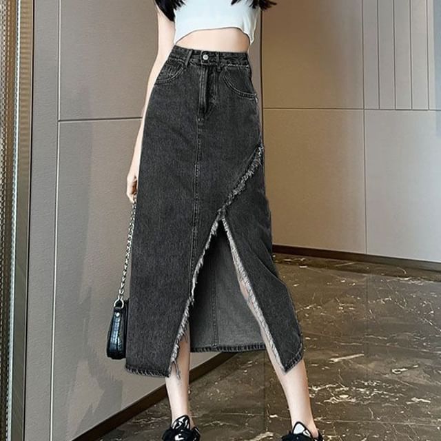 Washed Denim Midi Skirt with Slit and High Rise