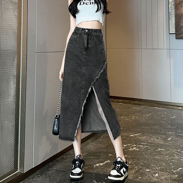 Washed Denim Midi Skirt with Slit and High Rise