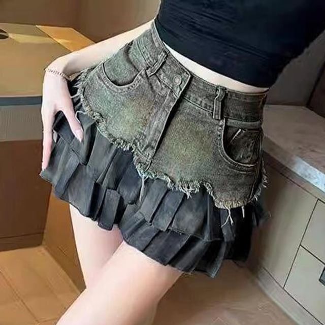 Frill-Trimmed Denim Mini Skirt with Low Waist