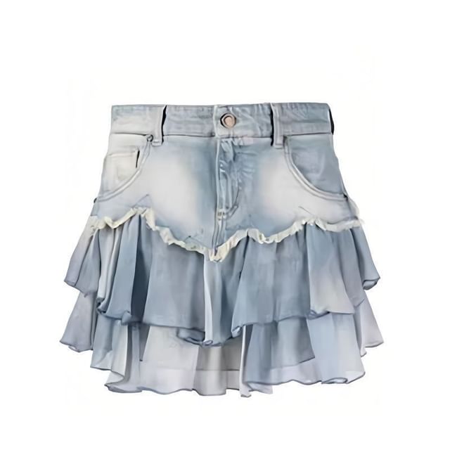 Frill-Trimmed Denim Mini Skirt with Low Waist