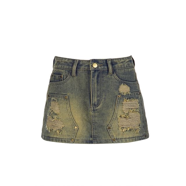 Faded High-Waisted Flared Denim Micro Skirt