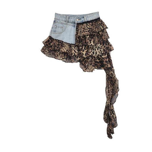Leopard Print Layered Denim Mini Skirt with High Rise