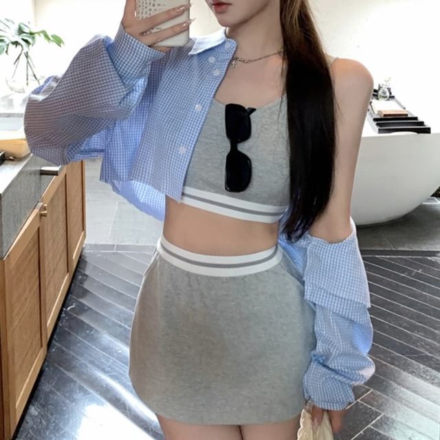 Striped Collared Crop Shirt with Tank Top and Mini Skirt