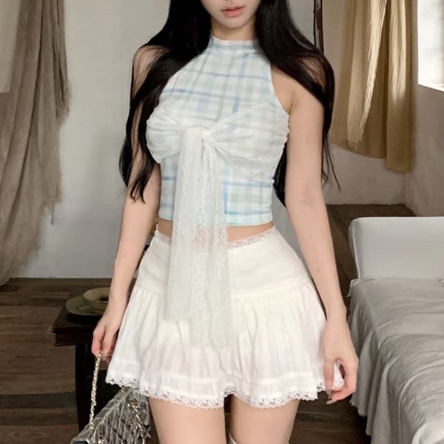 Checkered Halter Crop Top Paired with Classic Mini Flared Skirt