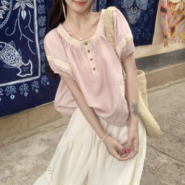 Lace Trim Crew Neck Top with Midi A-Line Skirt