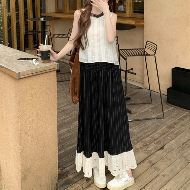 Two-Tone Crew Neck Top with Pinstriped Maxi Skirt
