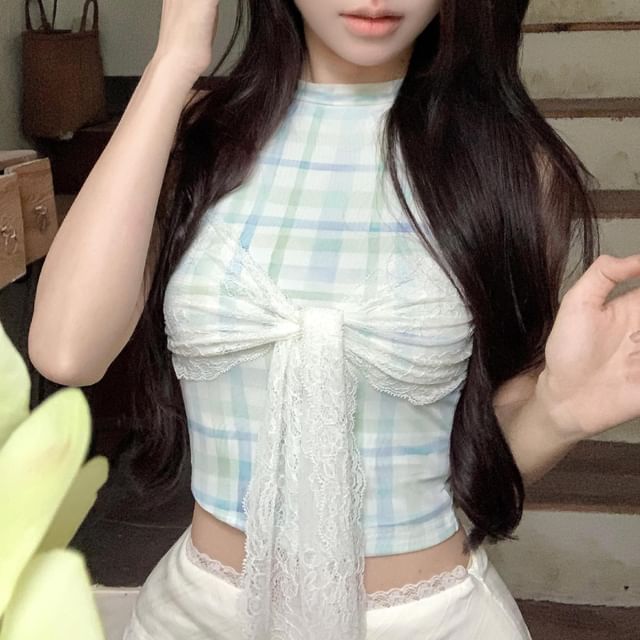 Checkered Halter Crop Top Paired with Classic Mini Flared Skirt