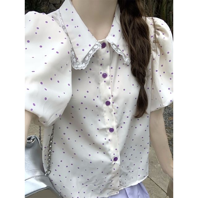 Polka Dot Collared Short Sleeve Blouse with Midi Skirt