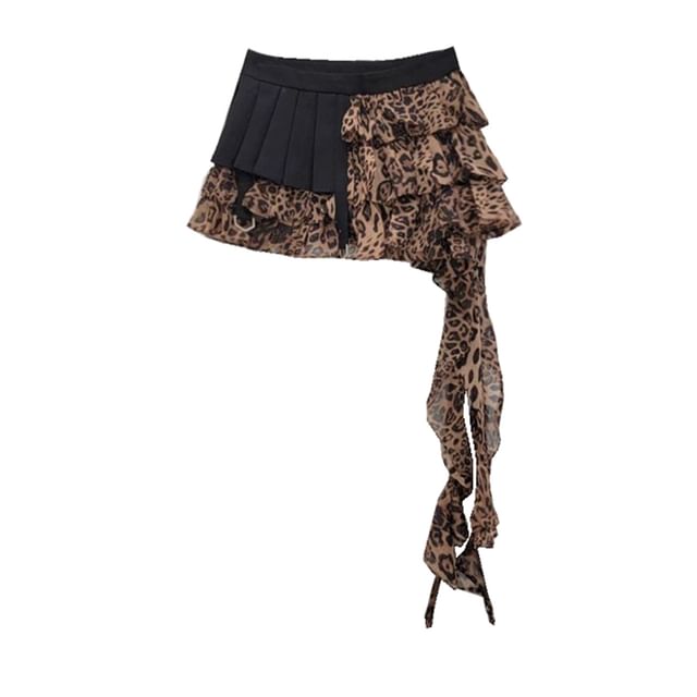 Leopard Print Layered Pleated Mini Skirt with High Rise