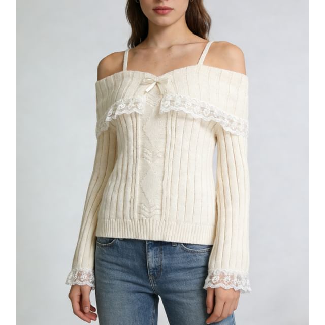 Cold-Shoulder Lace Ribbed Loose Knit Sweater