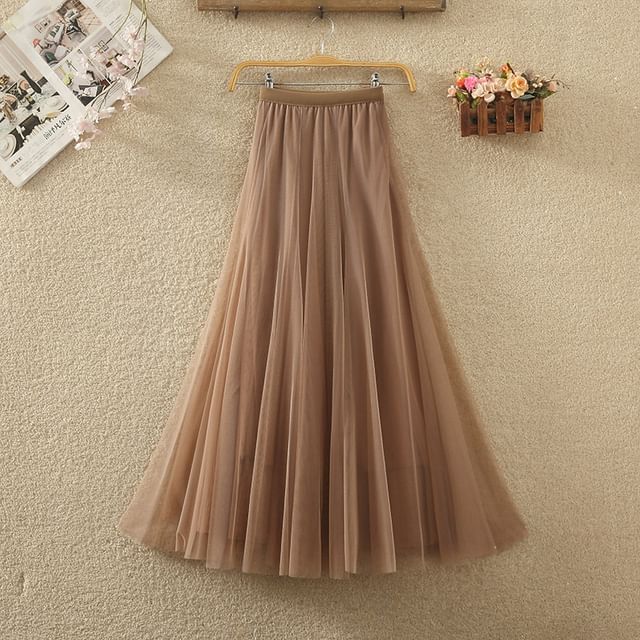 Elastic Waist Mesh A-Line Skirt with Multiple Patterns